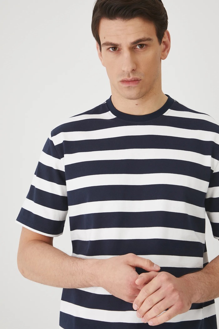 T-shirt bawełniany męski w pasy interlock kolor beżowy beżowy RS25-TSM072