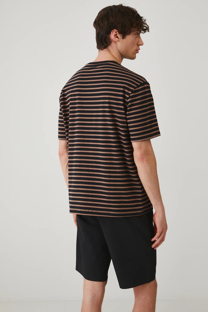 Odzież T-shirt bawełniany męski w pasy interlock kolor brązowy RS25-TSM072 brązowy