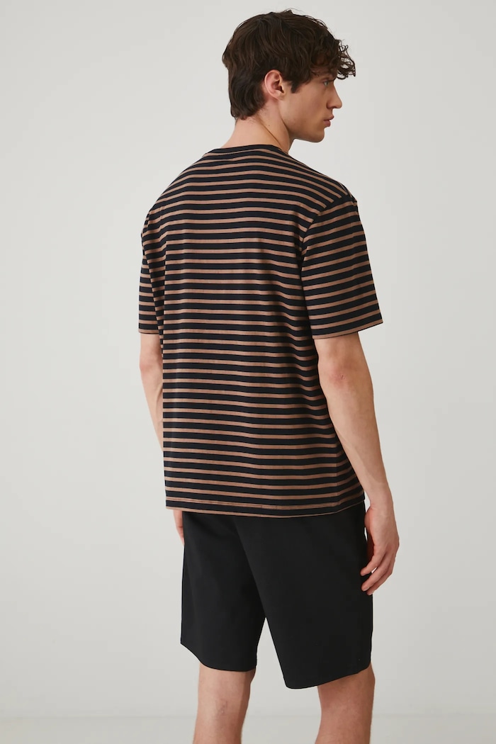 Odzież T-shirt bawełniany męski w pasy interlock kolor brązowy RS25-TSM072 brązowy