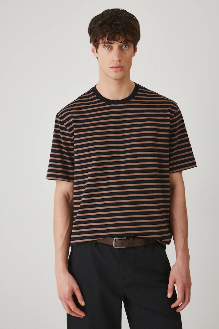 T-shirt bawełniany męski w pasy interlock kolor brązowy brązowy RS25-TSM072