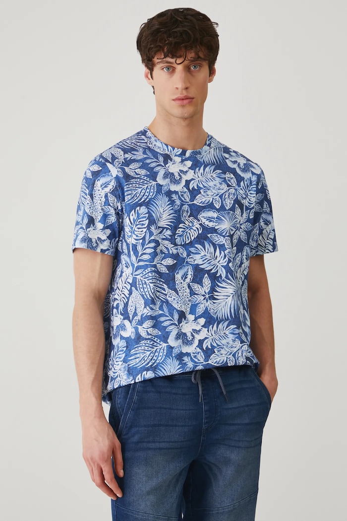 T-shirt bawełniany męski wzorzysty kolor granatowy bawełna granatowy RS25-TSM073