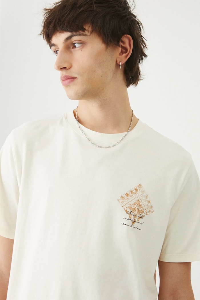 T-shirt bawełniany męski z elastanem z nadrukiem kolor beżowy okrągły beżowy RS25-TSM312