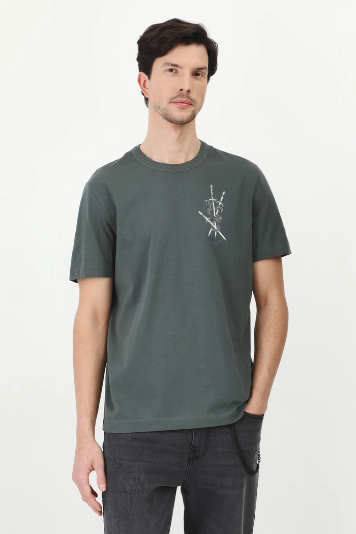 T-shirt bawełniany męski z nadrukiem kolor zielony okrągły zielony RS25-TSM406