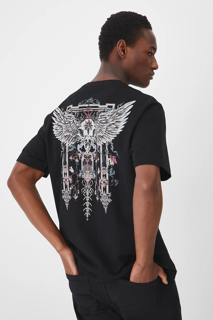 T-shirt bawełniany męski z nadrukiem kolor czarny okrągły czarny RS25-TSM408