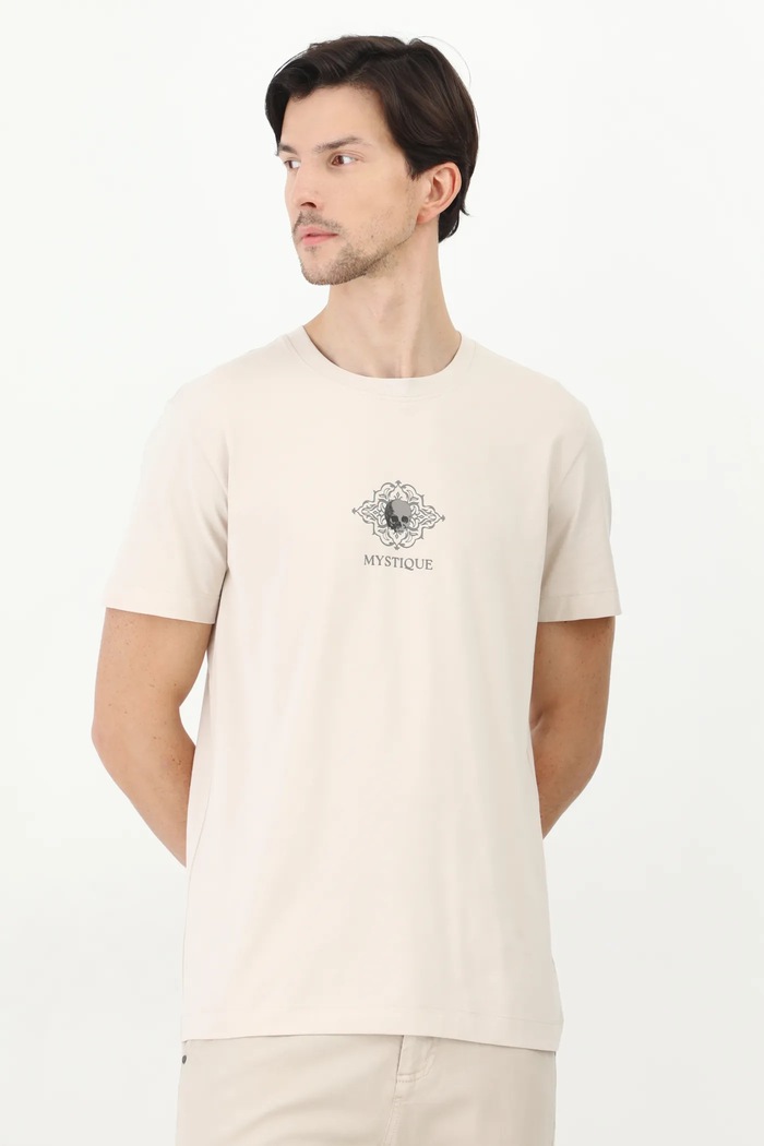 Odzież T-shirt bawełniany męski z elastanem z nadrukiem kolor beżowy RS25-TSM413 beżowy