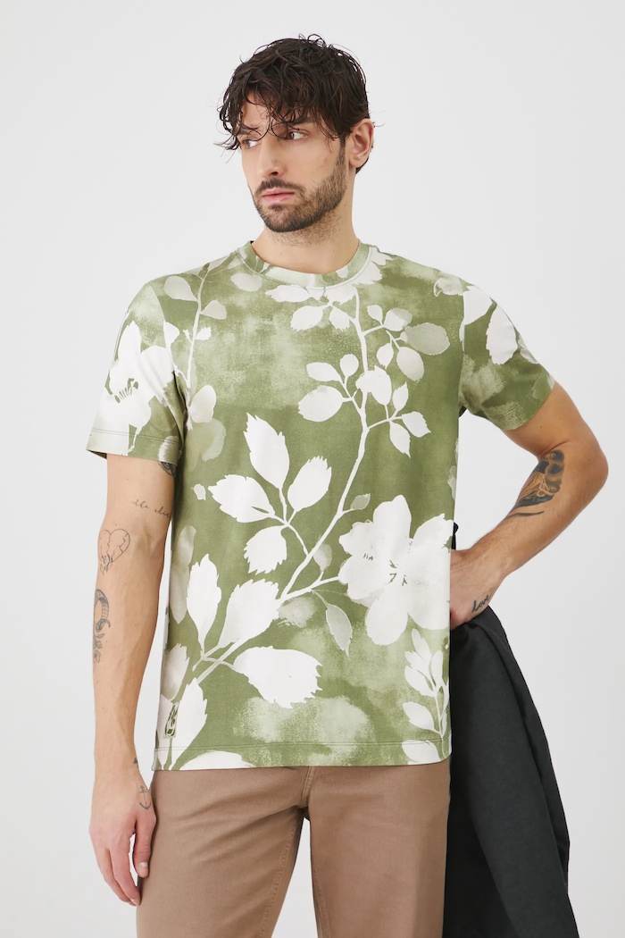 T-shirt bawełniany męski z elastanem wzorzysty kolor zielony wzorzyste zielony RS25-TSM501