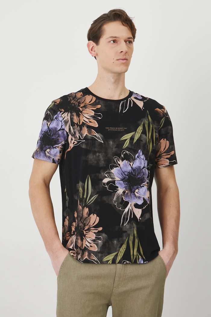 T-shirt bawełniany męski w kwiaty kolor czarny bawełna czarny RS25-TSM503