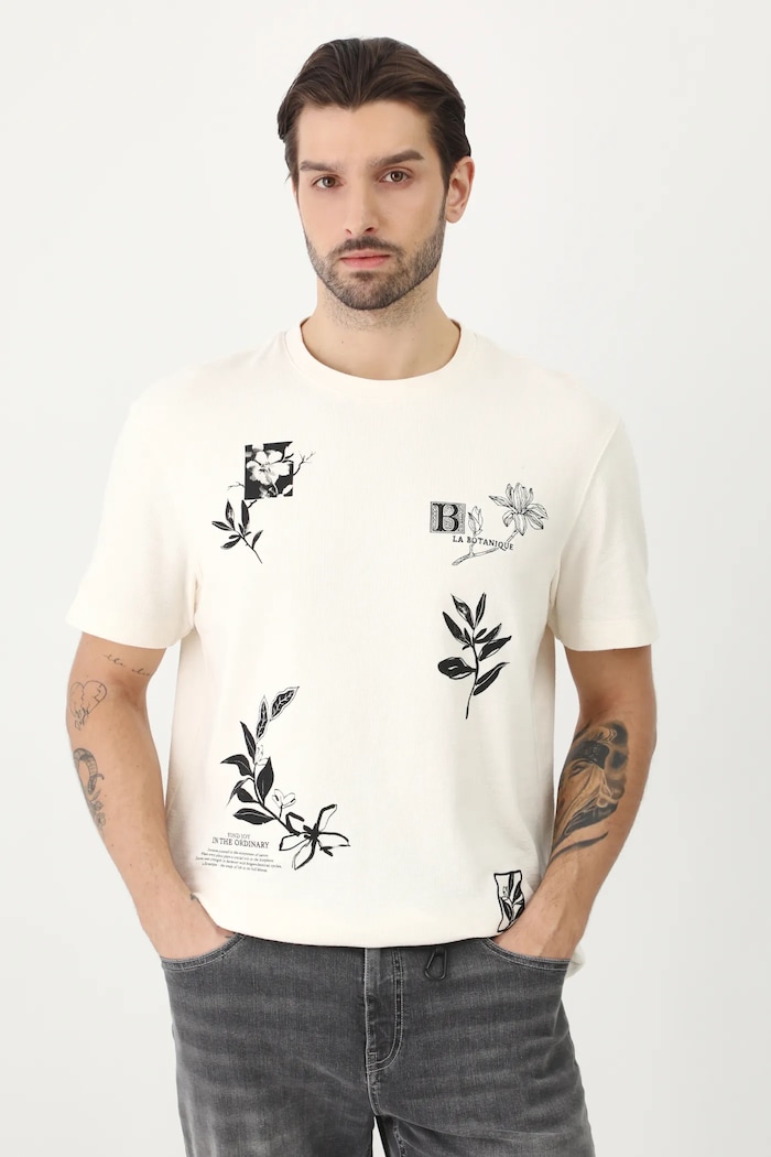 Odzież T-shirt bawełniany męski z nadrukiem kolor beżowy RS25-TSM510 beżowy