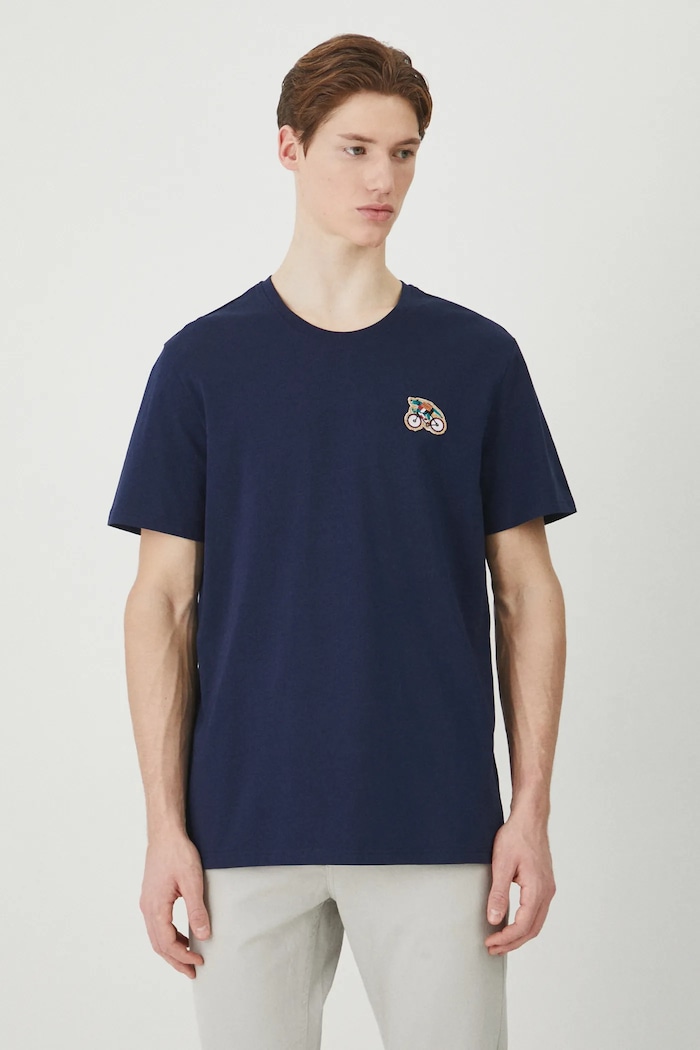 T-shirt bawełniany męski z elastanem z nadrukiem kolor granatowy aplikacja granatowy RS25-TSM605