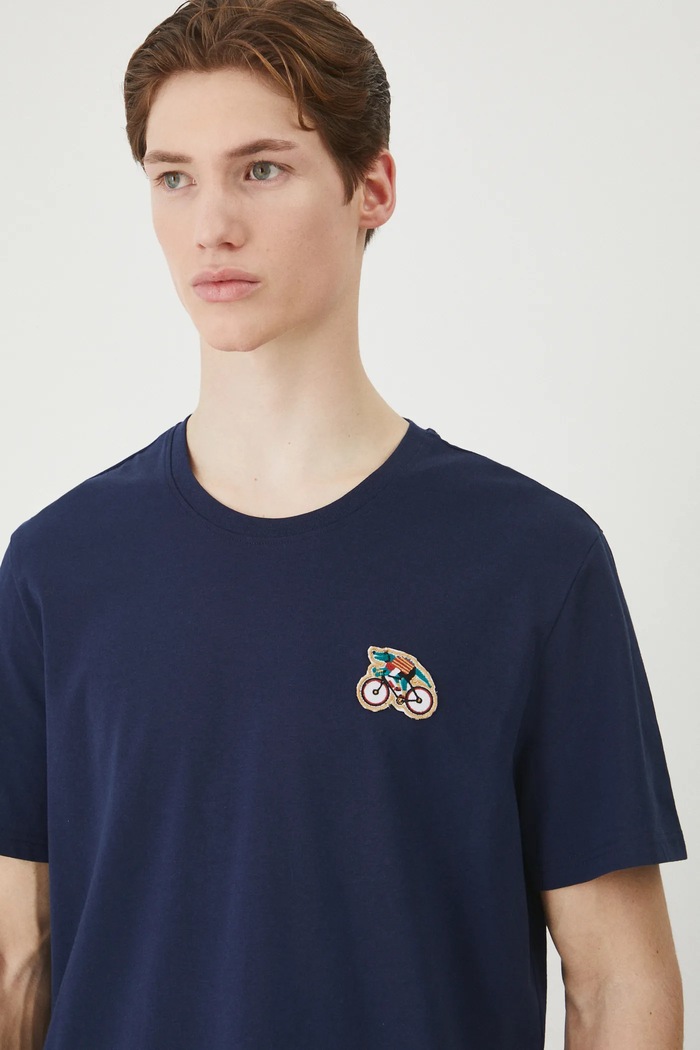 T-shirt bawełniany męski z elastanem z nadrukiem kolor granatowy granatowy RS25-TSM605