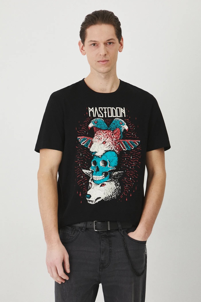 T-shirt bawełniany męski Mastodon kolor czarny okrągły czarny RS25-TSM672