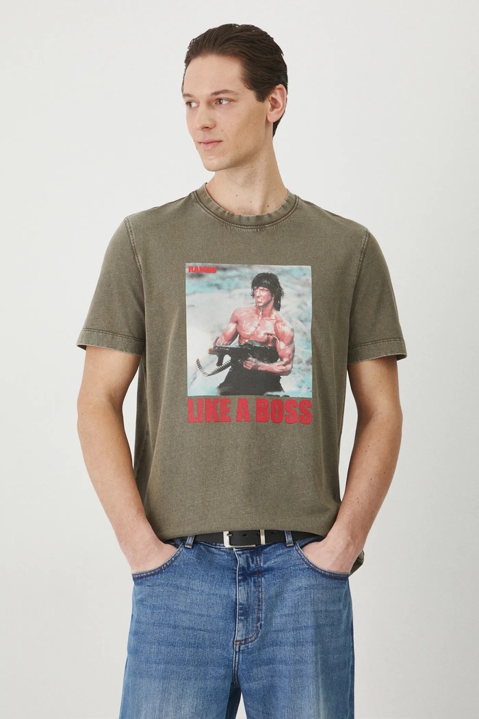 T-shirt bawełniany męski Rambo kolor zielony okrągły zielony RS25-TSM677