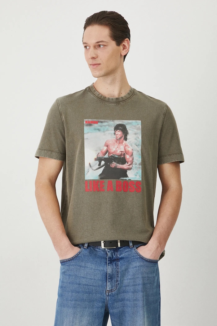 T-shirt bawełniany męski Rambo kolor zielony okrągły zielony RS25-TSM677