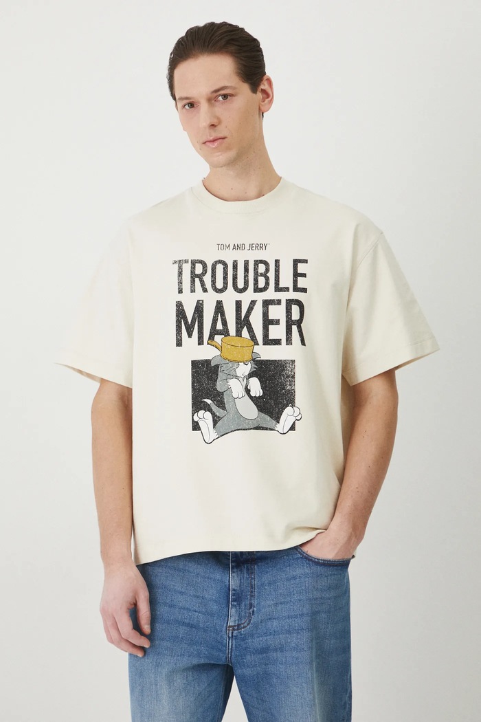 T-shirt bawełniany męski Tom and Jerry kolor beżowy okrągły beżowy RS25.TSM678