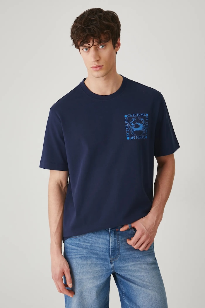 T-shirt bawełniany męski z nadrukiem kolor granatowy RS25-TSM701 granatowy RS25