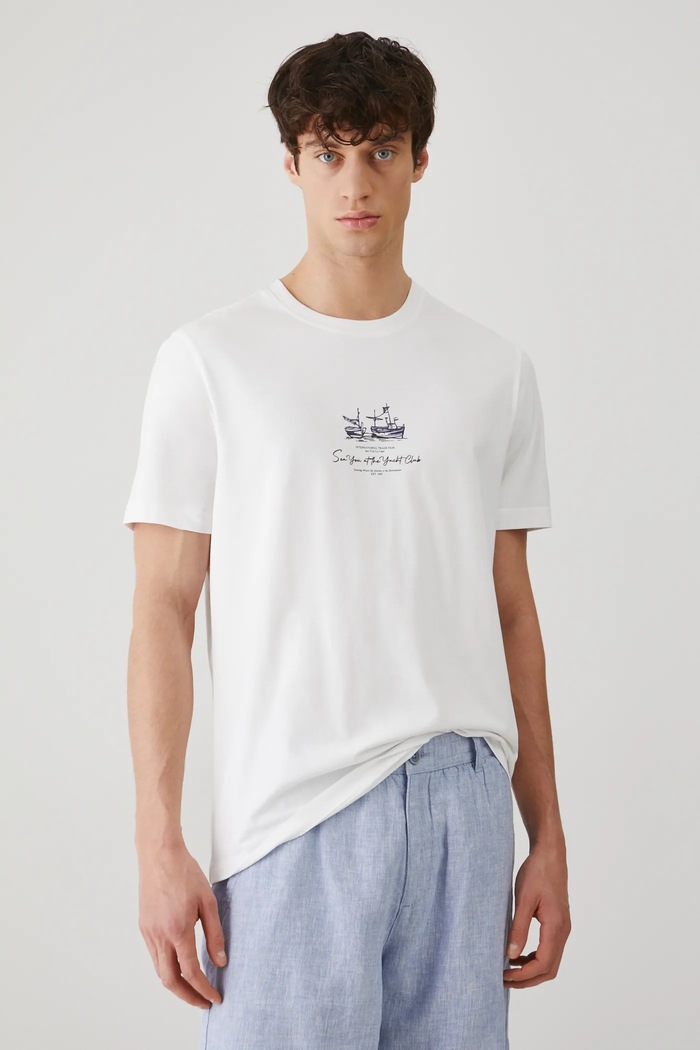 T-shirt bawełniany męski z elastanem z nadrukiem kolor biały biały RS25-TSM702