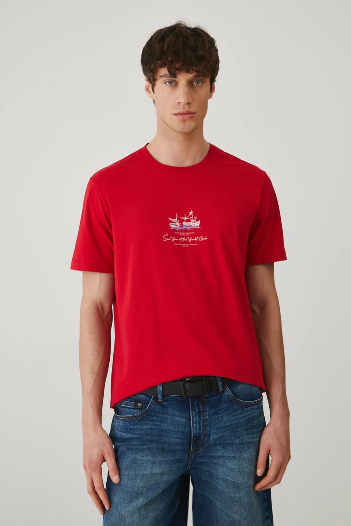 T-shirt bawełniany męski z elastanem z nadrukiem kolor czerwony okrągły czerwony RS25-TSM702