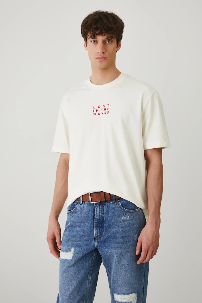 Odzież T-shirt męski z nadrukiem kolor beżowy RS25-TSM713 beżowy