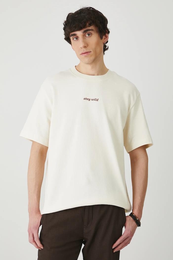 T-shirt bawełniany męski z ozdobnym haftem kolor beżowy bawełna beżowy RS25-TSM812