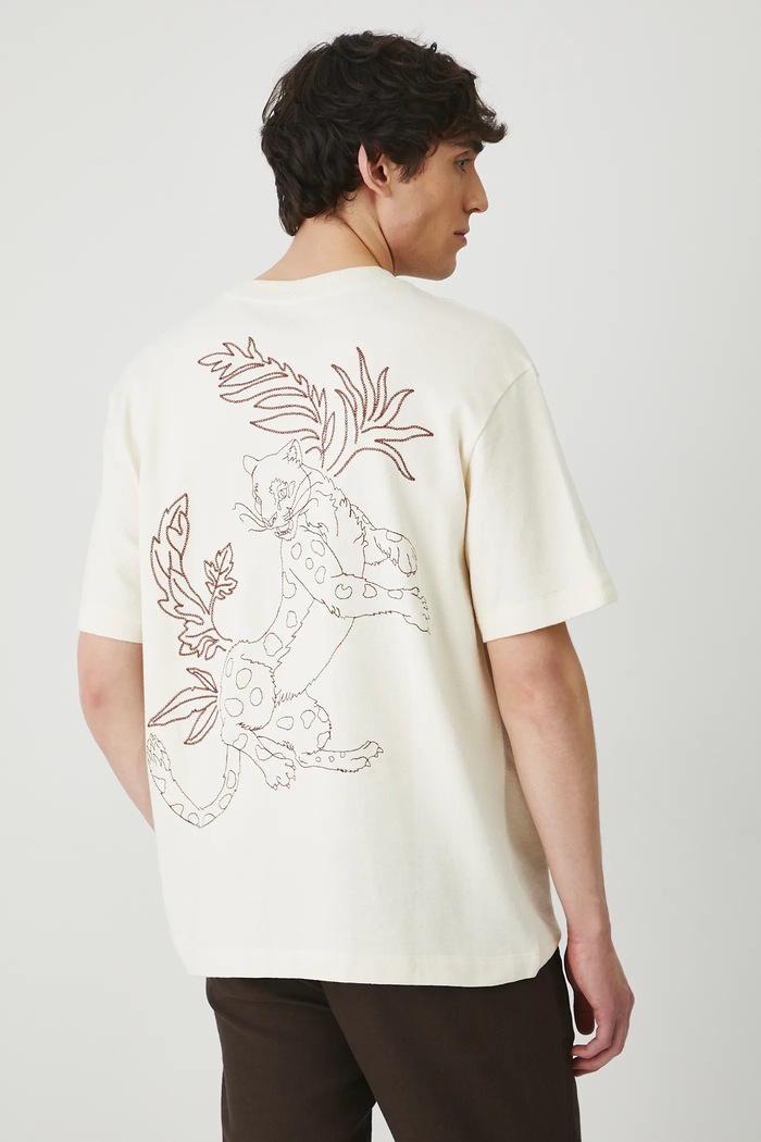 Odzież T-shirt bawełniany męski z ozdobnym haftem kolor beżowy RS25-TSM812 beżowy