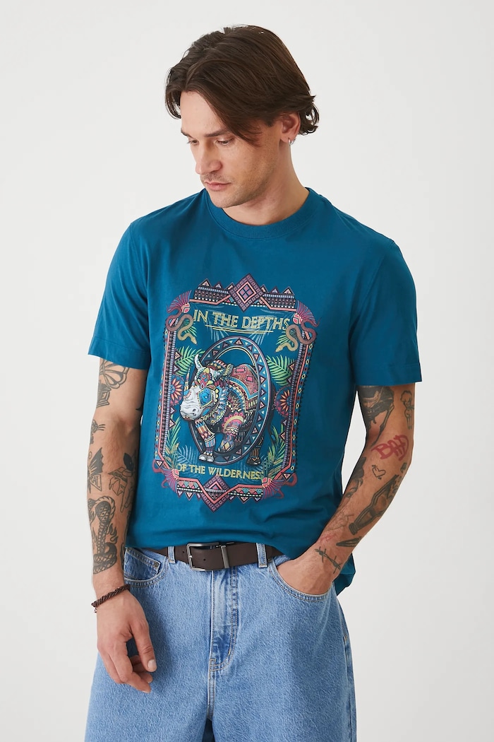T-shirt bawełniany męski z nadrukiem kolor zielony turkusowy RS25-TSMA18