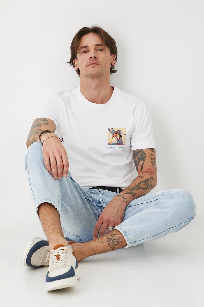 T-shirt bawełniany męski z elastanem z nadrukiem kolor biały okrągły biały RS25-TSMA26