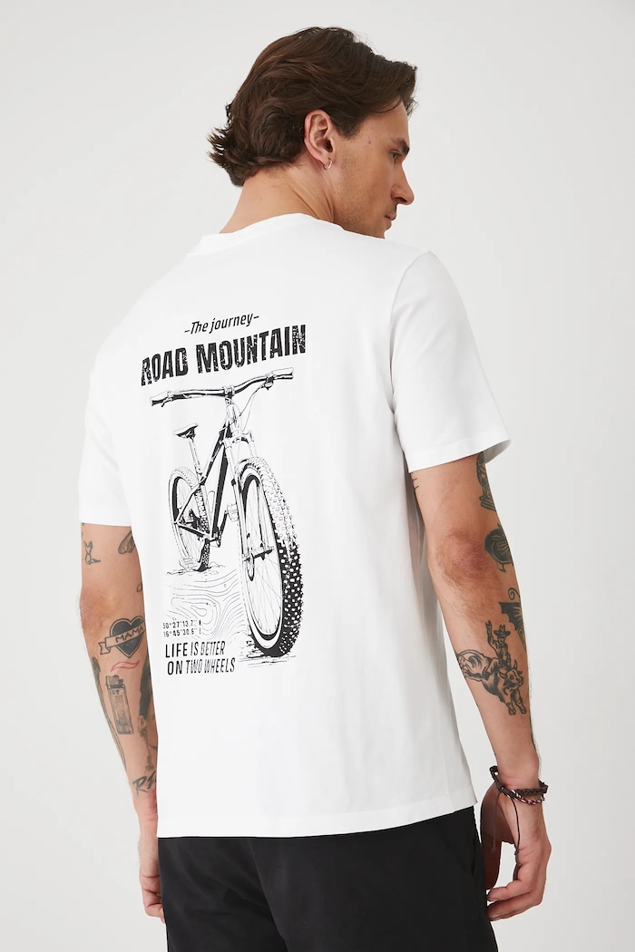T-shirt bawełniany męski z elastanem z nadrukiem kolor biały okrągły biały RS25.TSMA33