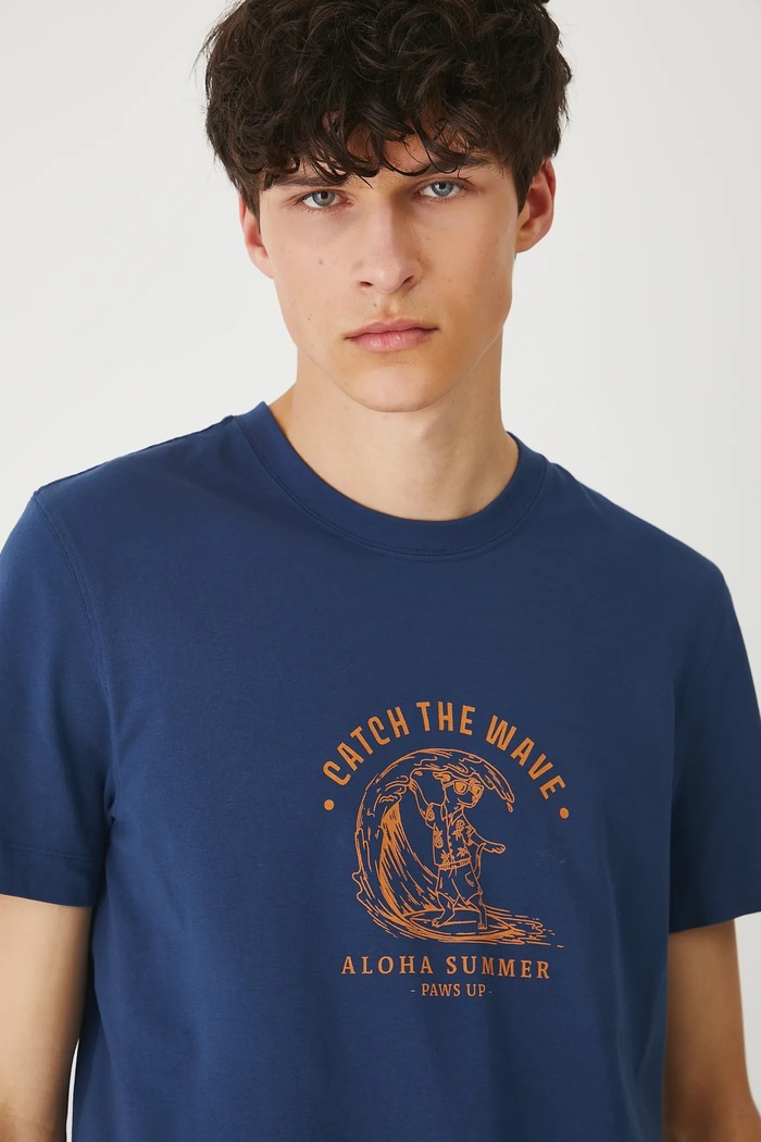 T-shirt bawełniany męski z elastanem z nadrukiem okrągły granatowy RS25-TSMB18