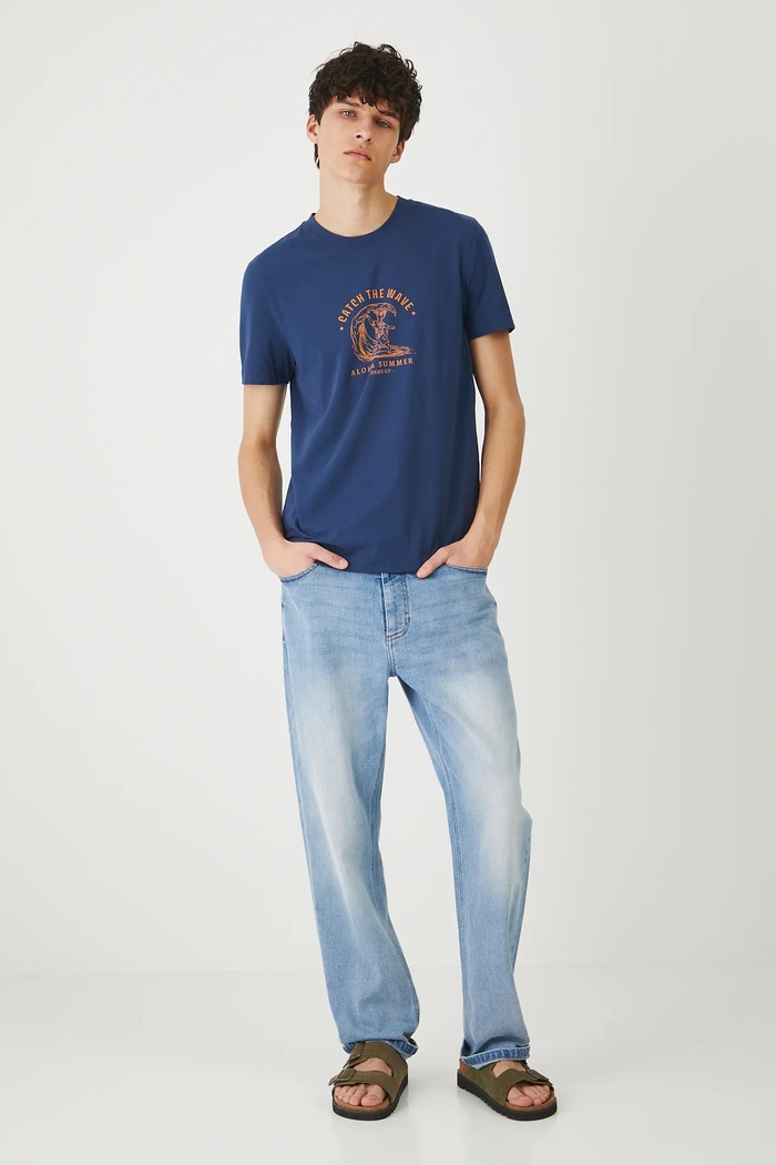 T-shirt bawełniany męski z elastanem z nadrukiem RS25-TSMB18 granatowy RS25
