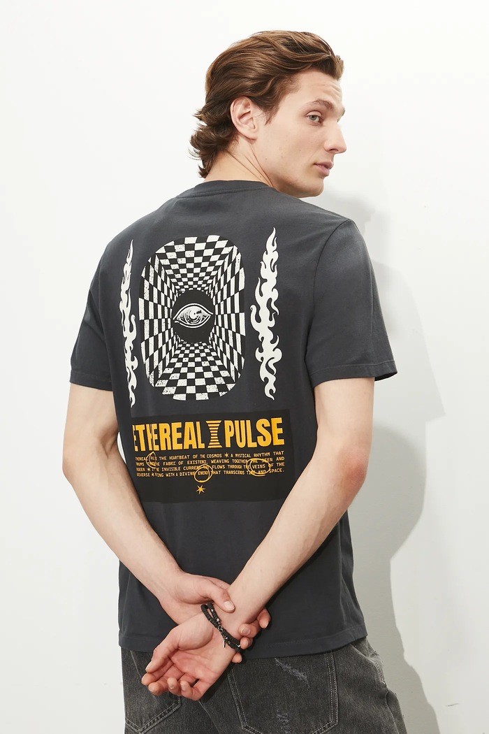 T-shirt bawełniany męski z nadrukiem okrągły szary RS25-TSMC21