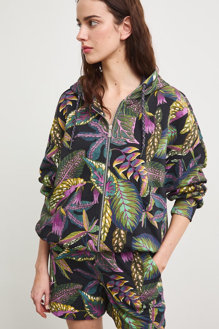 Bluza rozpinana z kapturem damska z motywem roślinnym czarny RS26-BLD091