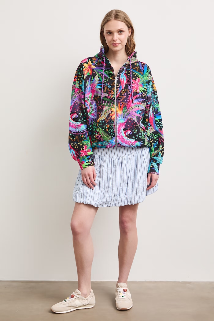 Bluza rozpinana z kapturem damska z motywem roślinnym RS26-BLD091 czarny RS26