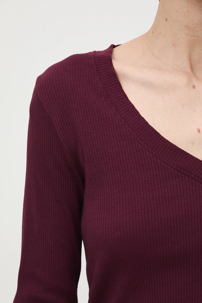 Longsleeve bawełniany damski z elastanem prążkowany RS26-BUD030 bordowy