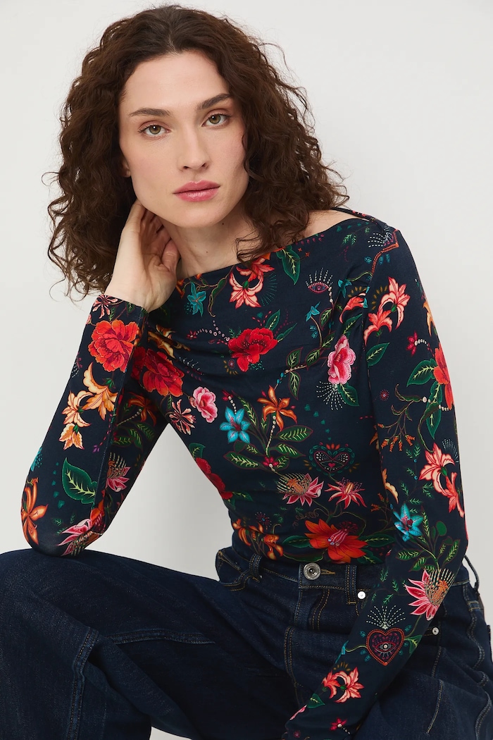Longsleeve damski wzorzysty RS26-BUD421 granatowy