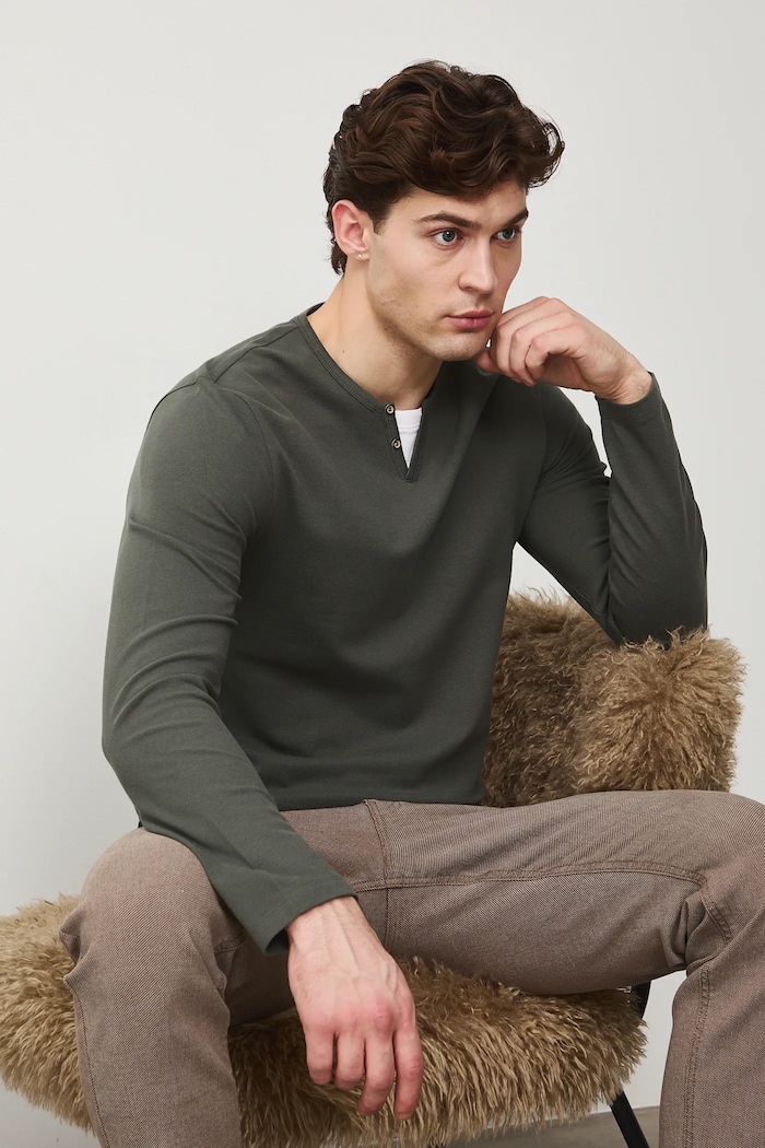 Longsleeve męski z dzianiny strukturalnej z elastanem gładkie zielony RS26-BUM031