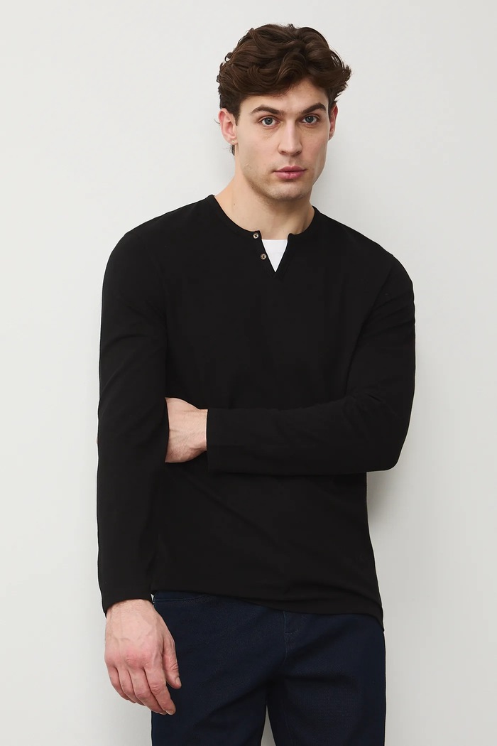 Longsleeve męski z dzianiny strukturalnej z elastanem gładkie czarny RS26-BUM031