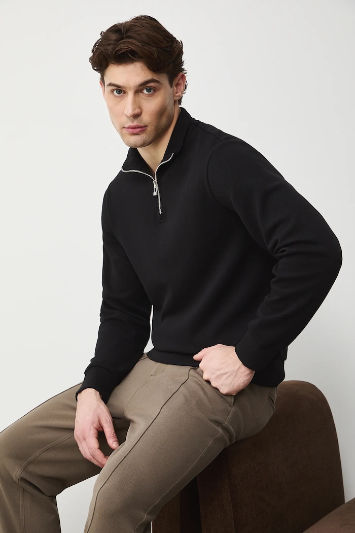 Longsleeve męski z półgolfem z fakturą z elastanem czarny RS26-BUM300