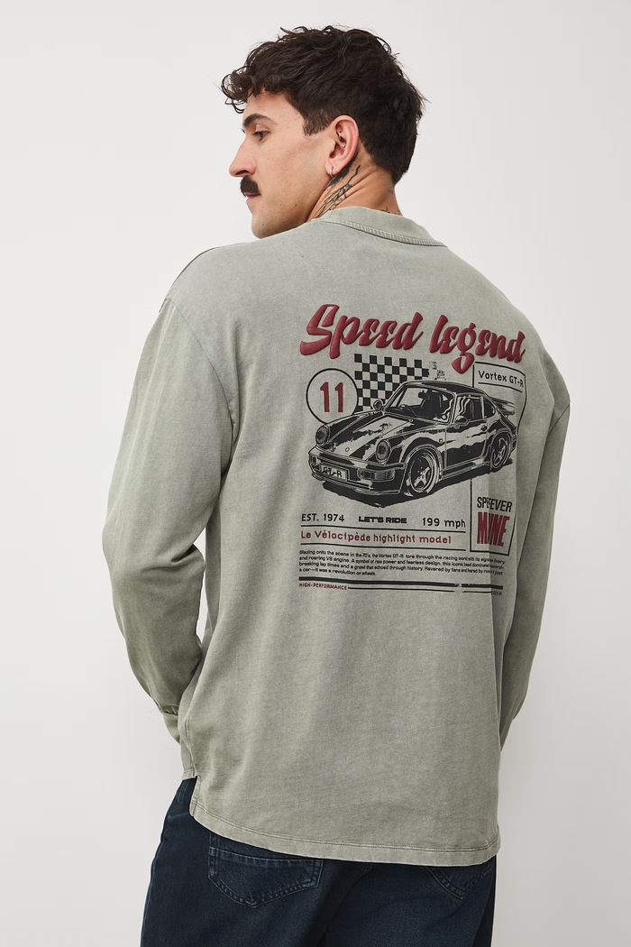 Longsleeve bawełniany męski z nadrukami okrągły zielony RS26-BUM401