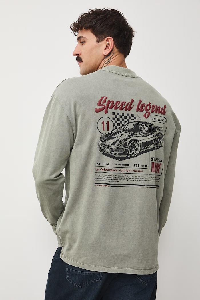Longsleeve bawełniany męski z nadrukami okrągły zielony RS26-BUM401