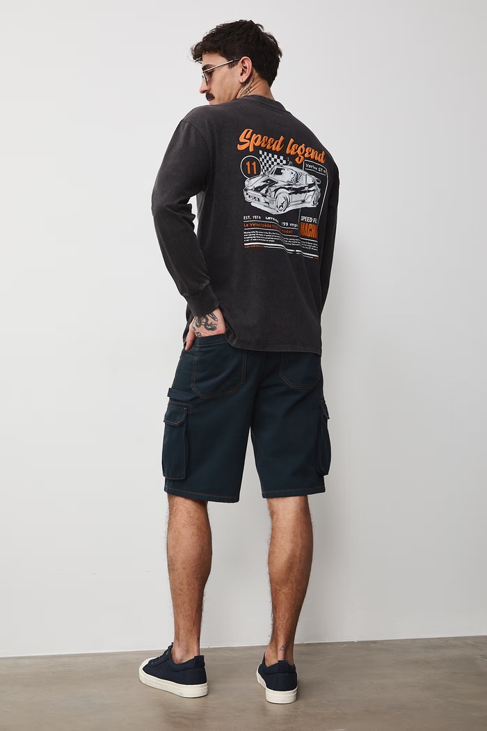 Longsleeve bawełniany męski z nadrukami okrągły czarny RS26-BUM401