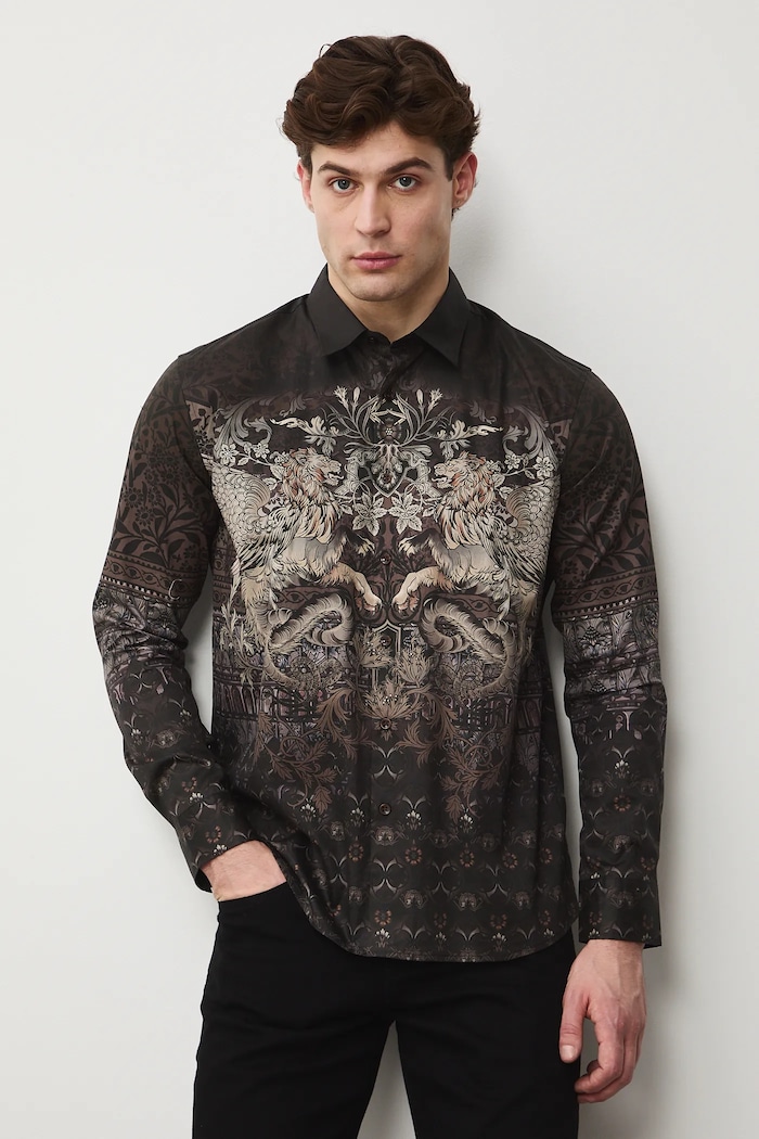 Koszula bawełniana męska z kołnierzykiem klasycznym wzorzysta RS26-KDM301 multicolor RS26