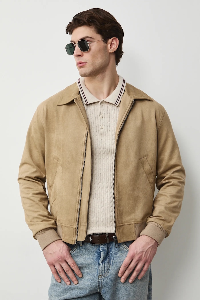 Kurtka męska typu harrington gładka RS26-KUM301 beżowy RS26