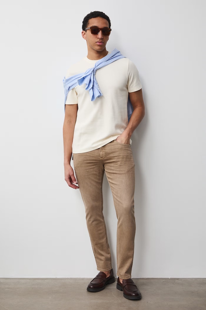 Jeansy slim fit męskie beżowy RS26-SJM605