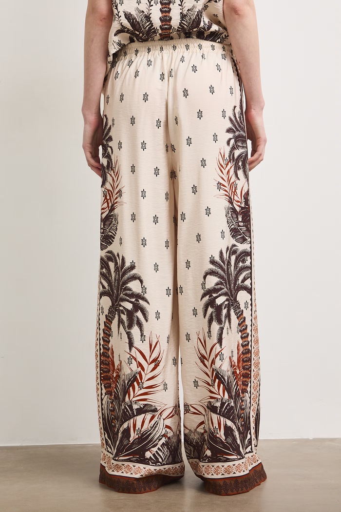 Oblečenie Nohavice wide leg dámske s rastlinným motívom RS26-SPD903 béžová