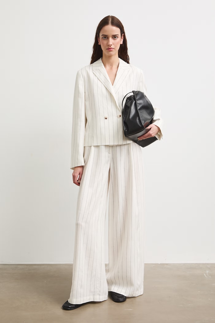 Nohavice wide leg dámske s prímesou ľanu high waist s pásikavým vzorom béžová RS26-SPD909