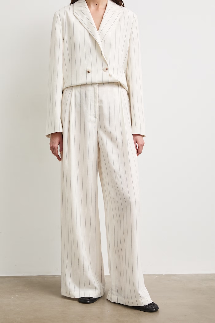Nohavice wide leg dámske s prímesou ľanu high waist s pásikavým vzorom RS26-SPD909 béžová RS26