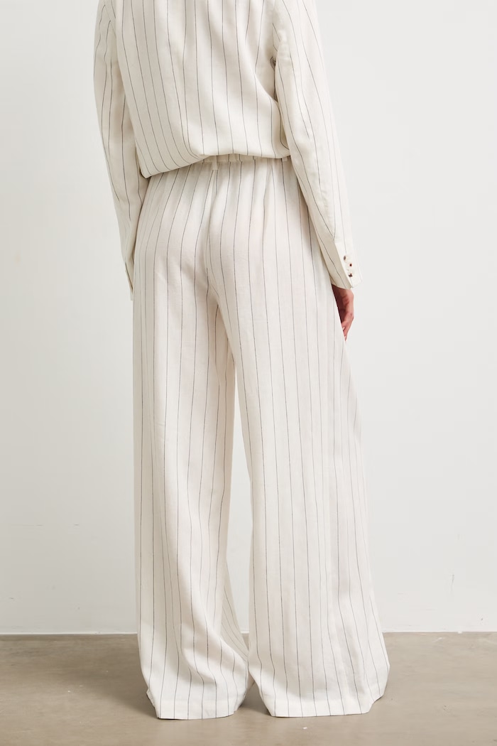 Oblečenie Nohavice wide leg dámske s prímesou ľanu high waist s pásikavým vzorom RS26-SPD909 béžová