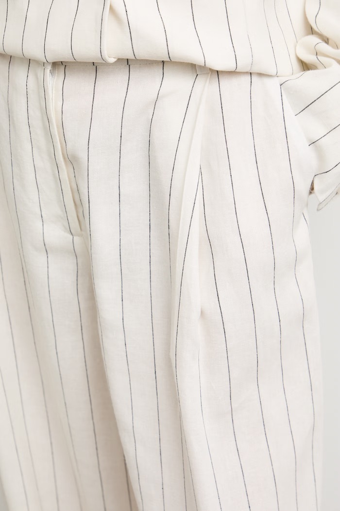 Nohavice wide leg dámske s prímesou ľanu high waist s pásikavým vzorom béžová RS26-SPD909
