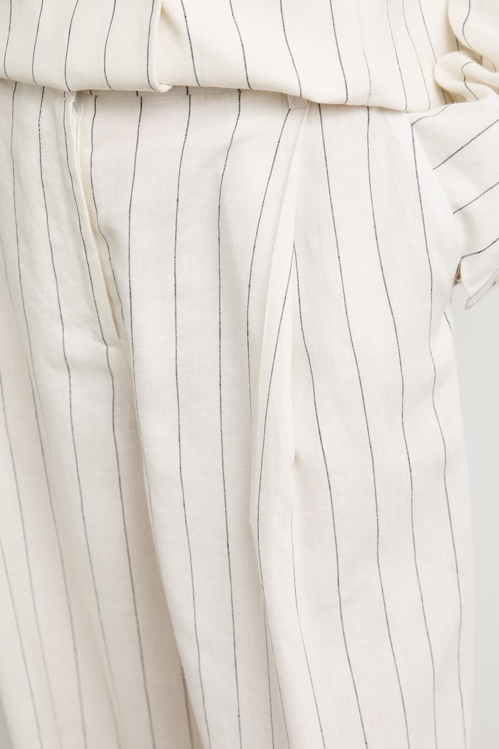 Nohavice wide leg dámske s prímesou ľanu high waist s pásikavým vzorom béžová RS26-SPD909