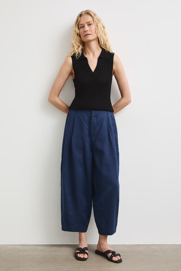 Spodnie slouchy damskie lniane RS26-SPDB00 granatowy RS26
